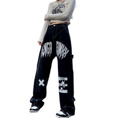 Product information:Style: street/casual/vintage/punk/Y2K/harajukuMain fabric composition: denim/cottonLength: trousersWaist type: high waistDenim Color: BlackThickness: GeneralPopular elements: pattern. washedColour: BlackDesign:ï»?span data-mce-fragment="1">Button & Zip Fastening. High Rise Waistline. Functional Pockets. Printed At Front.Size Information:Size: S/M/L/XL Size/CM Pants Length Waist Hip Thigh S 94 64 100 62 M 96 68 104 64 L 98 72 108 66 XL 100 76 112 68 Y2k Black Pants With Graphic Print, Y2k Graphic Print Bottoms For Streetwear, Black Y2k Graphic Print Pants, Y2k Black Graphic Print Pants, Black Graphic Print Y2k Pants, Distressed Punk Bottoms For Streetwear, Y2k Streetwear Bottoms With Letter Print, Y2k Streetwear Pants With Letter Print, Y2k Letter Print Pants For Streetwear