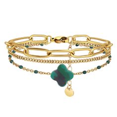 PRICES MAY VARY. ♥DESIGN: The lucky four-leaf clover bracelet follows the trend of fashion and simplicity. Understand the four-leaf clover, understand happiness. It is captivating with its unique design and rich color combinations. ♥Adjustable: Malachite clover length 16cm (6.3in) + 4cm (1.4in) extension chain; clover size 1*1cm (0.39*0.39in) You can adjust the length according to the circumference of your wrist. ♥PREMIUM MATETIAL: The four leaf clover bracelet is made of hypoallergenic stainles Pot Leaf Bracelet, Trendy Green Chain Bracelet As Gift, Trendy Green Chain Bracelet For Gift, Four Leaf Clover Bracelet, Stainless Bracelet, Clover Bracelet, Wrist Jewelry, Good Wishes, Gold Plated Bangles