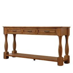 a wooden console table with two drawers and one shelf on the bottom, against a white background