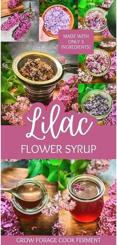 lilac flower syrup with flowers in the background and text overlay that reads lilac flower syrup