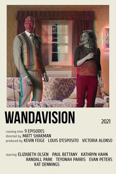 a poster for the movie vandavision with an image of a man and woman standing next to each other