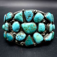 "VINTAGE NAVAJO BRACELET DESCRIPTION: This magnificent cuff features clustered cabs of old natural Morenci turquoise set in heavy gauge hand-stamped sterling silver. This bracelet will be a cherished addition to your collection of fine vintage Native American jewelry. MEASUREMENTS: Interior of the cuff measures 5 7/8\" with an additional 1 1/8\" non-adjustable gap. Total circumference: 7\" Measures 2 1/2\" straight across the widest part (from wrist bone to wrist bone) Bracelet face measures 2\" Jewlery Rings, Bone Bracelet, Morenci Turquoise, Bones Bracelet, Vintage Native American Jewelry, Vintage Silver Jewelry, Turquoise Jewelry Native American, Native American Rings, American Indian Jewelry