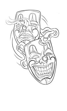 a drawing of two masks with faces on them