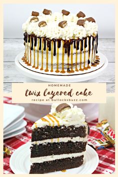 two layers cake with white frosting and chocolate toppings