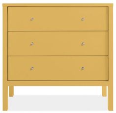 a yellow dresser with two drawers and one drawer on the bottom, in front of a white background