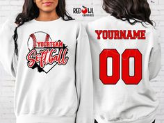 Personalized Softball School Spirit T-Shirt Crewneck, Hoodie Hooded Sweatshirt Not all colors are available in all sizes and styles.  Please check the color and size charts in photos. We do our best to accurately represent shirt colors by using actual photos but do understand that all monitors will display differently. Please contact us prior to purchase with any questions on sizing or colors. Your purchase includes a custom imprint created specifically for your team! A product proof will be emailed to you within 1 business day.  Please keep an eye on your Etsy messages and reply with any changes within 24 hours. Your order will be sent to production after that time if no response is received. Excessive editing will incur an additional fee so be sure to double check your information when p White Crew Neck Top With Team Spirit Style, White Crew Neck Top For Team Spirit, White Hoodie With Team Name For Sports Events, White Team Hoodie For Sports Events, White School Spirit Sweatshirt With Team Logo, Sports Team Name White Hoodie, White Sports Fan Hoodie With Team Name, White Hoodie With Team Name For Sports, White Team Logo Hoodie For Sports Season