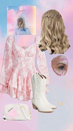 a woman's outfit and accessories are arranged on a pastel background