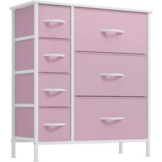 a pink and white cabinet with four drawers