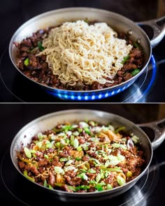 two pictures of food being cooked in a pan