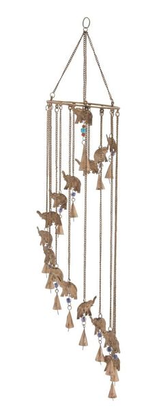 a metal wind chime with birds hanging from it's sides and beads in the middle