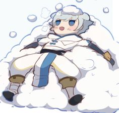 an anime character laying on top of a cloud covered in snow and wearing a white coat