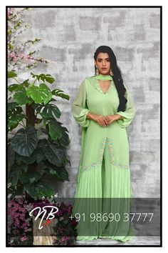 Patina Green Kurta embroidered in Pink and Blue sequin and Resham work paired with Palazzo Pants and a Two tier Ruffle Dupatta #indianwear#greenkurti#palazzopants#greenpalazzo#greenindianoutfit#greenindianwear Green Kurti, Patina Green