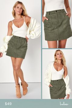 We can't imagine a better way to embrace the changing season than with the Lulus Excellent Charm Olive Green Corduroy Mini Skirt! Soft corduroy shapes this trendy skirt that features a high-waisted fit complete with belt loops and a hidden zipper fly with a top button closure. Two functional front patch pockets accent the flattering A-line silhouette that falls to a cute mini hem. Pair with your favorite crop top and boots for the perfect transitional look! Fit: This garment fits true to size. L Corduroy Lined Skirt Bottoms For Fall, Fall Cotton Mini Cargo Skirt, Fall Cotton Mini Skirt, Cotton Mini Cargo Skirt For Fall, Cotton Mini Skirt For Fall, Fall Corduroy Mini Skirt With Lining, Corduroy Lined Mini Skirt, High Waist Corduroy Skirt With Pockets, Fitted Corduroy Mini Skirt With Pockets