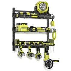 a yellow and black wall mounted tool rack with tools on it's sides, hanging from the ceiling