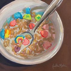 a painting of cereal in a bowl with a spoon on the side and colorful candy