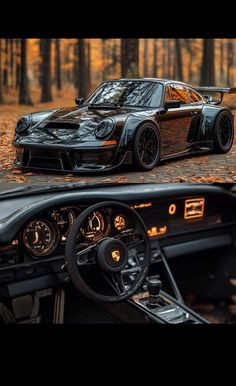 the interior and dashboard of a black sports car