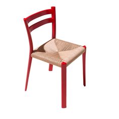 a red chair with a woven seat cushion