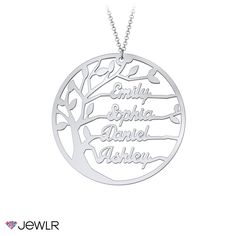 Wear your roots with pride, and add this beautiful Family Tree Cutout Necklace to your collection. The delicate cutout design features a tree in full bloom, with branches that can be customized to bear the names of up to four family members. Choose from sterling silver, white, yellow or rose gold to create a family keepsake you'll treasure forever. Tree Cutout, Bright Pictures, Dark Pictures, Family Keepsakes, Cutout Design, Silver Prices, In Full Bloom, Gold Price, Beautiful Family