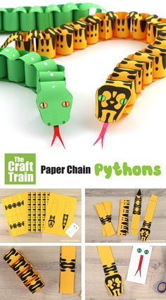 the craft train paper chain pythons are made with construction paper, scissors and glue