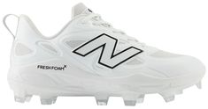 a white new balance football shoe with black and white lettering on the upper soles