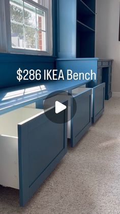 a kitchen with blue cabinets and white counter tops that says $ 288 ikea bench