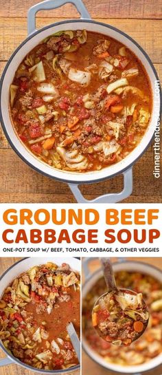 ground beef and cabbage soup in a pot with the recipe being spooned into it