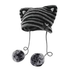 PRICES MAY VARY. [ Y2K Beanie Hat ] - Cute cat ear on the top, slouchy crochet beanie, with striped graphic and pom poms, making it soooo coolll! A must have for fashion girls! [ Feature ] - Casual winter warm beanie hat, and comfortable to wear. Easy for carry-on while outing. Touches soft, comfortable, great to show your way and be the one stylish. [ Numeric Size ] - Loosen design in one size, range from 7- 7 1/8, widely fit for women and men. Good elasticity makes it accommodated any head siz Y2k Beanie, Emo Accessories, Knit Slouchy Hats, Harajuku Clothes, Cat Ears Hat, Cat Eared Beanie, Crochet Hat For Women, Y2k Accessories, Cute Beanies