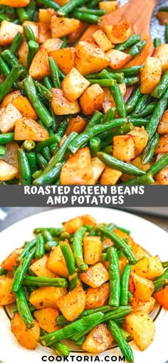 roasted green beans and potatoes in a white plate with a wooden spoon on the side