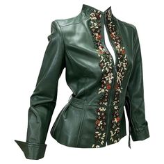 Valentino Vintage Embellished Green Leather Elegant and Feminine Fitted Jacket Designer size - 10 Soft Green Lamb Leather, 3-D Flowers Application, Exclusively Embroidered and Beaded, Attached Belt, Fully Lined, Zip Closure, Double Back Vent. Measurements: Length - 24 inches, Bust - 38/40", Waist - 34/36", Sleeve - 25". Made in Italy. Excellent Condition. Listing code: 6235458389958 Valentino Vintage, Embroidered Leather Jacket, Embroidery Beaded, Yellow Clothes, Lamb Leather Jacket, Fashion Corner, Flowers Embroidery, Fitted Jacket, Embroidered Leather