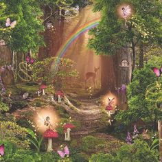 an image of a forest scene with rainbows and mushrooms on the ground, in front of