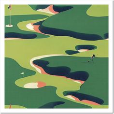 a painting of a person playing golf on a green course