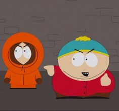 two cartoon characters are standing next to each other in front of a brick wall and one is wearing an orange hoodie