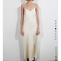 Brand New Cream V-neck Slip Dress For Party, Classic Summer Dress For Date Night, Elegant Lined V-neck Slip Dress, Classic Spring Dress For Night Out, Cream Satin Midi Dress For Spring, Cream Midi Slip Dress For Evening, Classic Summer Party Maxi Dress, Beige Midi Slip Dress For Date Night, Spring Cream Satin Midi Dress