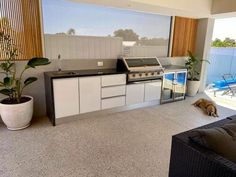 a dog laying on the floor in front of an outdoor kitchen and living room area