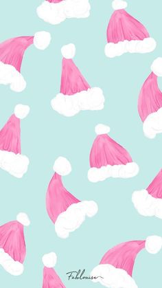 a blue background with pink and white santa's hats on top of clouds in the sky