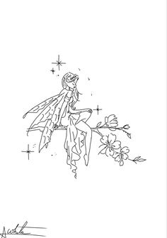 a drawing of a fairy sitting on top of a branch with flowers in the foreground