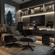 Amazing Gaming Room, Male Gamer Room, Gaming Room Setup Aesthetic Dark, Classy Games Room, Luxurious Gaming Room, Home Workplace Design, Mens Modern Apartment Decor, Black Game Room Ideas, Elegant Gaming Room