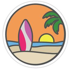 a surfboard sitting on top of a beach under a palm tree