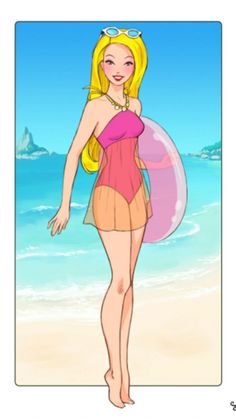 a cartoon girl in a bathing suit on the beach