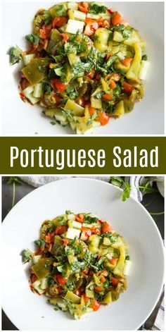 two plates filled with different types of food on top of each other, and the words portuguese salad above them