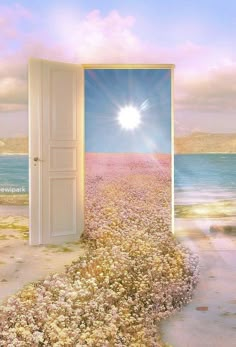 an open door leading to the beach with flowers growing on it and water in the background