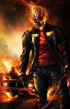 a man in leather jacket standing next to a car with flames coming out of it