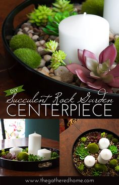 the centerpiece is filled with succulents, rocks and candles for an elegant touch