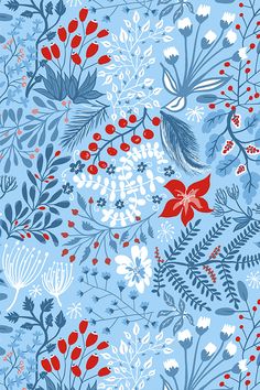 a blue and red floral pattern with leaves, berries, and other flowers on a light blue background