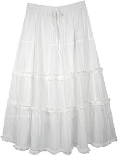 This white skirt features slightly crinkled cotton, four tiers and a flounce hem on each tier, and an elastic waistband with a drawstring.  The fabulously light crinkly texture looks best without special care. #tlb #Crinkle #XLPlus #TieredSkirt #MaxiSkirt #Solid #WhiteSkirt #CottonSkirt #SummerSkirt #Crinkle Broomstick Skirt, Grunge Skirt, White Long Skirt, White Elegance, Fairy Skirt, Tiered Skirts, Trendy Skirts, Scarf Shirt, White Maxi