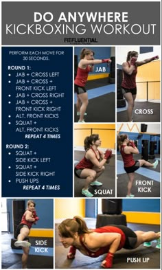 a woman in red shirt and black shorts doing exercises on a blue mat with the words kickboxing workout