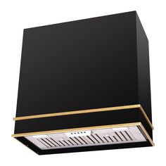 a black and gold stove hood with lights on it's sides, in front of a white background