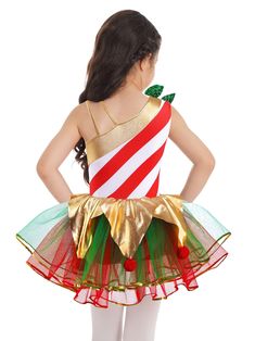 This Polichinelle child ballet costume will be perfect for your "Polichinelles" in the Nutcracker ballet. Also suitable for any Christmas performance. The bodice is made with red and white striped lycra, with lycra gold inserts. A green bow with sparkles decorates one of the shoulders. The three layers tule tutu skirt is green and red, with golden trims on the edges. There is a golden tutu skirt with red pom pons decorating the skirt. Available in the following sizes: Child age 6, Child age 8, C Christmas Dance Dresses, Christmas Dance Costumes, Christmas Performance, Lyrical Dresses, The Nutcracker Ballet, Tutu Ballet, Christmas Dance, Ice Dresses, Girl Elf