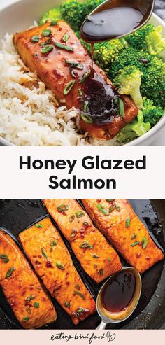 honey glazed salmon with rice and broccoli on the side is shown in this recipe