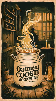 an old fashioned cooking pot with the words oatmeal cookie moonhine on it